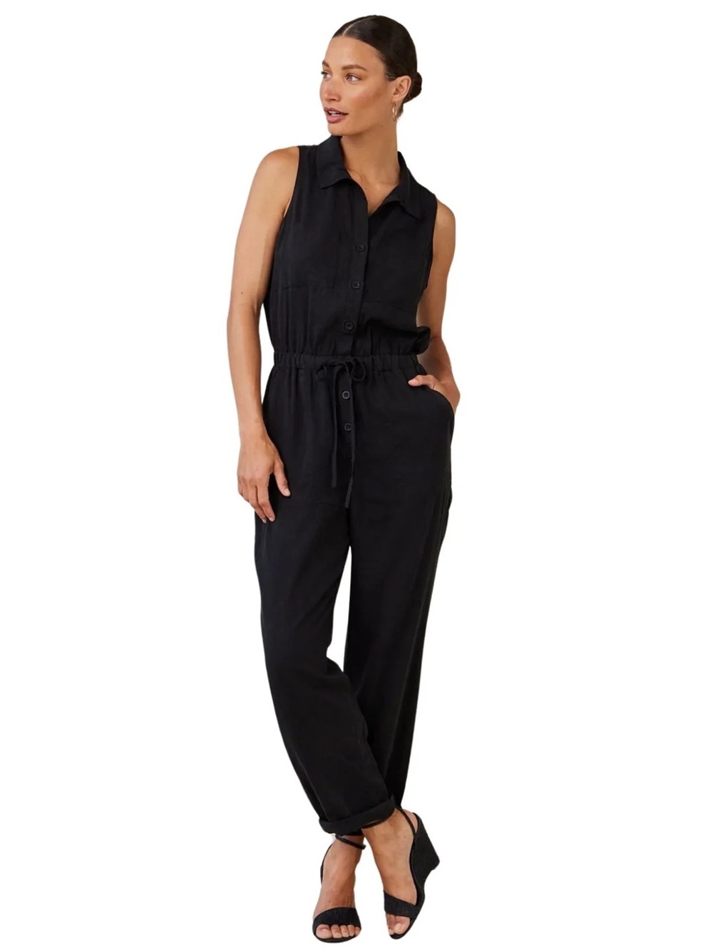 BELLA DAHL POCKET JUMPSUIT IN VINTAGE BLACK, size S